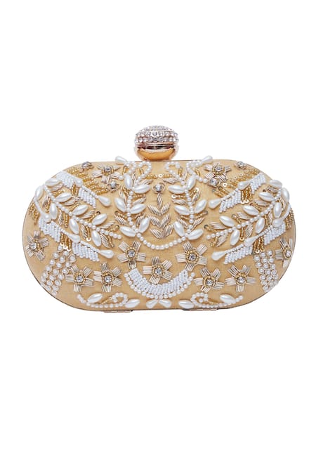 Shop_Nazaakat By Samara Singh_Gold Crystals, Embroidery Floral Embellished Clutch 