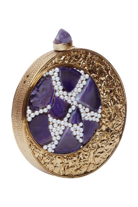 Nazaakat By Samara Singh Gold Pearls, Stones, Metallic Thread Circular Clutch With And Embellishments Online at Aza Fashions Nazaakat By Samara Singh_Gold Pearls, Stones, Metallic Thread Circular Clutch With And Embellishments _Online_at_Aza_Fashions