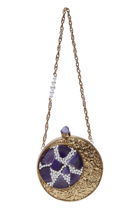 Buy Nazaakat By Samara Singh Gold Pearls, Stones, Metallic Thread Circular Clutch With And Embellishments Online at Aza Fashions Buy_Nazaakat By Samara Singh_Gold Pearls, Stones, Metallic Thread Circular Clutch With And Embellishments _Online_at_Aza_Fashions