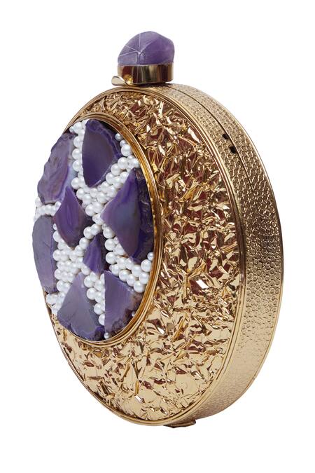 Shop Nazaakat By Samara Singh Gold Pearls, Stones, Metallic Thread Circular Clutch With And Embellishments Online at Aza Fashions Shop_Nazaakat By Samara Singh_Gold Pearls, Stones, Metallic Thread Circular Clutch With And Embellishments _Online_at_Aza_Fashions