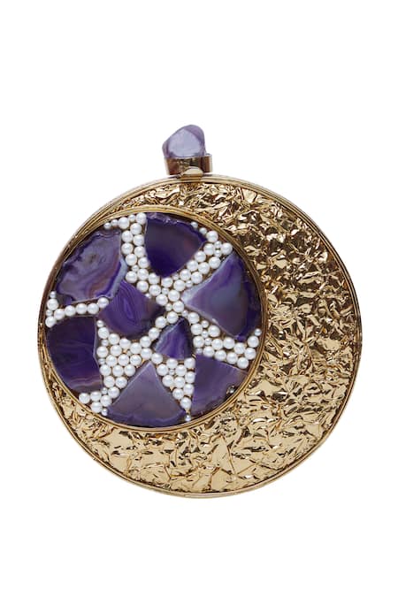 Nazaakat By Samara Singh Gold Pearls, Stones, Metallic Thread Circular Clutch With And Embellishments at Aza Fashions Nazaakat By Samara Singh_Gold Pearls, Stones, Metallic Thread Circular Clutch With And Embellishments _at_Aza_Fashions