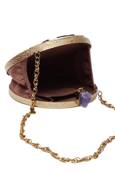 Buy Nazaakat By Samara Singh Gold Pearls, Stones, Metallic Thread Circular Clutch With And Embellishments Buy_Nazaakat By Samara Singh_Gold Pearls, Stones, Metallic Thread Circular Clutch With And Embellishments