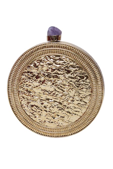 Shop Nazaakat By Samara Singh Gold Pearls, Stones, Metallic Thread Circular Clutch With And Embellishments at Aza Fashions Shop_Nazaakat By Samara Singh_Gold Pearls, Stones, Metallic Thread Circular Clutch With And Embellishments _at_Aza_Fashions