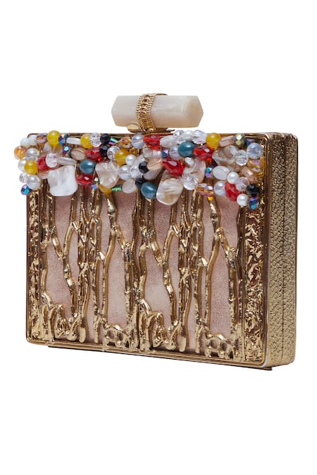 Samyukta Singhania_Gold Beads, Metallic Thread Embellished Designer Clutch _Online_at_Aza_Fashions