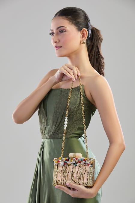 Buy_Samyukta Singhania_Gold Beads, Metallic Thread Embellished Designer Clutch _Online_at_Aza_Fashions