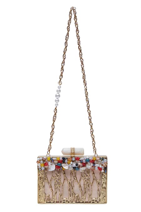 Shop_Samyukta Singhania_Gold Beads, Metallic Thread Embellished Designer Clutch _Online_at_Aza_Fashions
