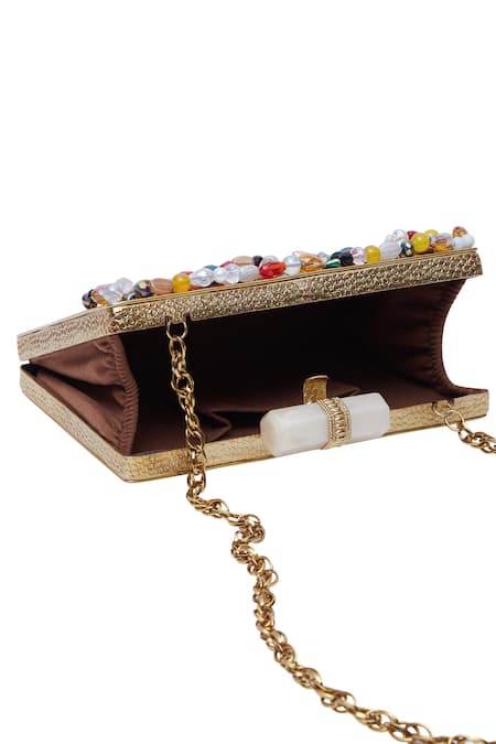Samyukta Singhania_Gold Beads, Metallic Thread Embellished Designer Clutch _at_Aza_Fashions