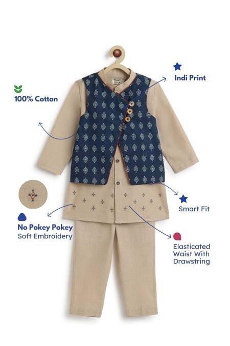 Buy Tiber Taber Blue Cotton Embroidery Reversible Leaf Print Bundi And Kurta Set Online at Aza Fashions Buy_Tiber Taber_Blue Cotton Embroidery Reversible Leaf Print Bundi And Kurta Set_Online_at_Aza_Fashions