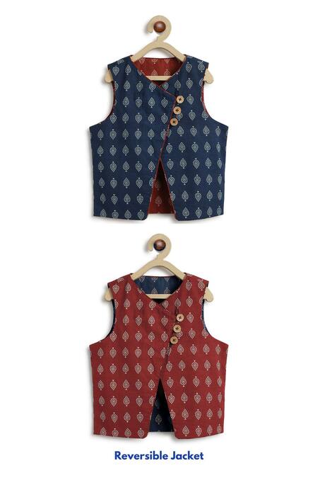 Shop Tiber Taber Blue Cotton Embroidery Reversible Leaf Print Bundi And Kurta Set Online at Aza Fashions Shop_Tiber Taber_Blue Cotton Embroidery Reversible Leaf Print Bundi And Kurta Set_Online_at_Aza_Fashions