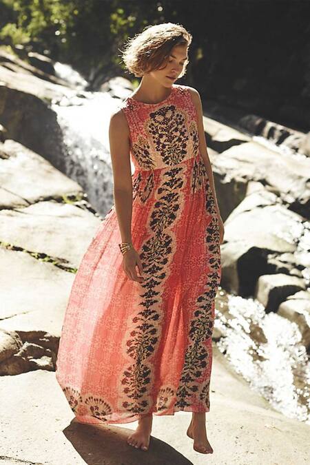 Bhanuni By Jyoti_Red Viscose Crepe Round Floral Printed Maxi Dress _Online_at_Aza_Fashions