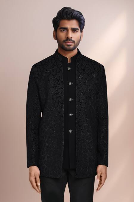Buy_Arihant Rai Sinha_Black Rayon, Terrycloth, Jacquard Abstract Woven Prince Coat Set 