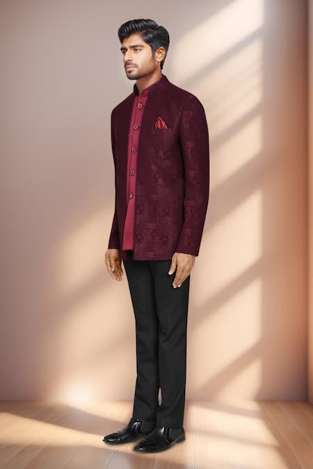 Shop Arihant Rai Sinha Maroon Jacquard, Terrycloth Geometric Prince Coat Set Online at Aza Fashions Shop_Arihant Rai Sinha_Maroon Jacquard, Terrycloth Geometric Prince Coat Set _Online_at_Aza_Fashions