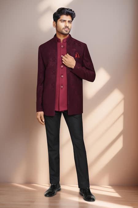 Arihant Rai Sinha Maroon Jacquard, Terrycloth Geometric Prince Coat Set at Aza Fashions Arihant Rai Sinha_Maroon Jacquard, Terrycloth Geometric Prince Coat Set _at_Aza_Fashions