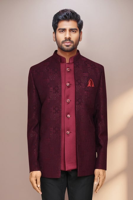 Buy Arihant Rai Sinha Maroon Jacquard, Terrycloth Geometric Prince Coat Set Buy_Arihant Rai Sinha_Maroon Jacquard, Terrycloth Geometric Prince Coat Set