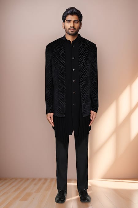 Arihant Rai Sinha Black Velvet, Terrycloth Geometric Bandhgala Set at Aza Fashions Arihant Rai Sinha_Black Velvet, Terrycloth Geometric Bandhgala Set _at_Aza_Fashions