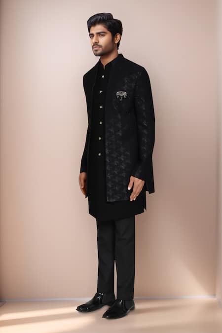 Arihant Rai Sinha_Blue Jacquard, Rayon Checkered Woven Bandhgala Set _at_Aza_Fashions