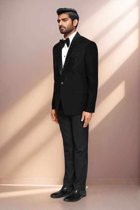 Shop Arihant Rai Sinha Black Cotton Satin, Terrycloth Beads Geometric Embroidered Blazer And Pant Set Online at Aza Fashions Shop_Arihant Rai Sinha_Black Cotton Satin, Terrycloth Beads Geometric Embroidered Blazer And Pant Set _Online_at_Aza_Fashions