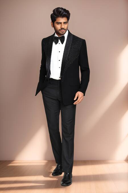 Arihant Rai Sinha Black Cotton Satin, Terrycloth Beads Geometric Embroidered Blazer And Pant Set at Aza Fashions Arihant Rai Sinha_Black Cotton Satin, Terrycloth Beads Geometric Embroidered Blazer And Pant Set _at_Aza_Fashions