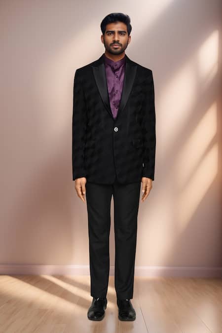 Buy_Arihant Rai Sinha_Black Satin, Jacquard, Silk, Rayon Geometric Pattern Blazer Pant Set _Online_at_Aza_Fashions
