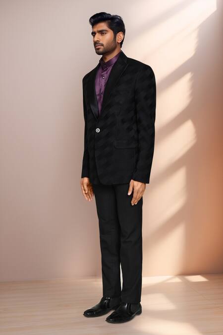 Shop_Arihant Rai Sinha_Black Satin, Jacquard, Silk, Rayon Geometric Pattern Blazer Pant Set _Online_at_Aza_Fashions