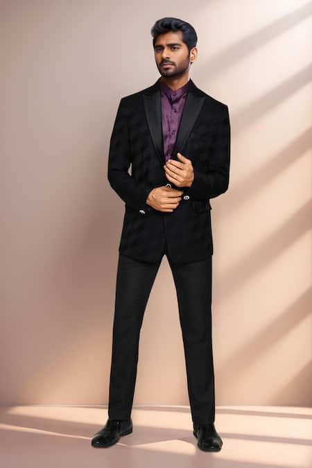 Arihant Rai Sinha_Black Satin, Jacquard, Silk, Rayon Geometric Pattern Blazer Pant Set _at_Aza_Fashions