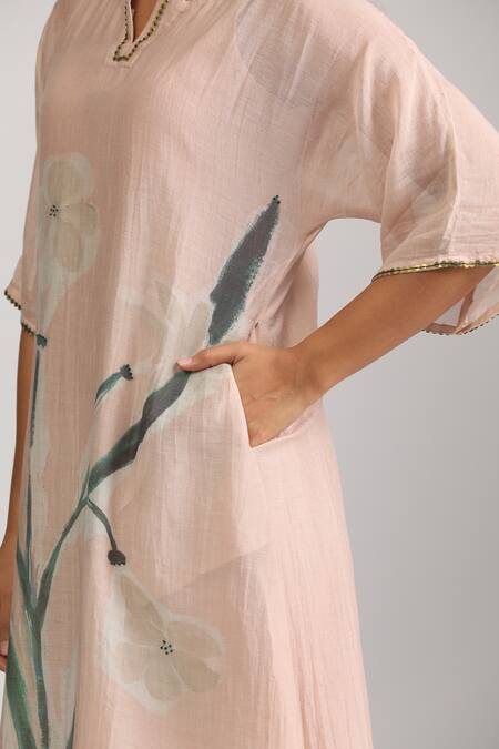 Buy_Trendy Tokari_Peach Silk, Chanderi Embroidery Floral Kurta And Pant Set _Online_at_Aza_Fashions