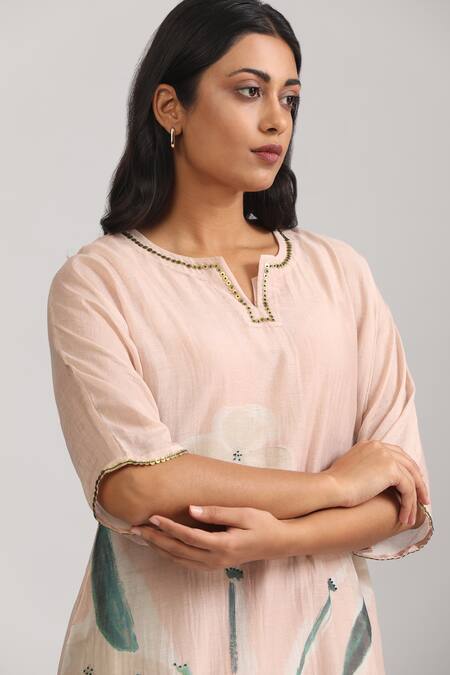 Shop_Trendy Tokari_Peach Silk, Chanderi Embroidery Floral Kurta And Pant Set _Online_at_Aza_Fashions