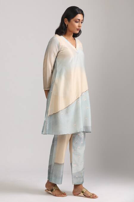 Trendy Tokari_Beige Silk, Chanderi Sequins, Embroidery V-neck Printed Kurta And Pant Set _Online_at_Aza_Fashions