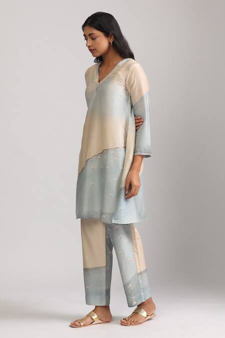 Buy_Trendy Tokari_Beige Silk, Chanderi Sequins, Embroidery V-neck Printed Kurta And Pant Set _Online_at_Aza_Fashions