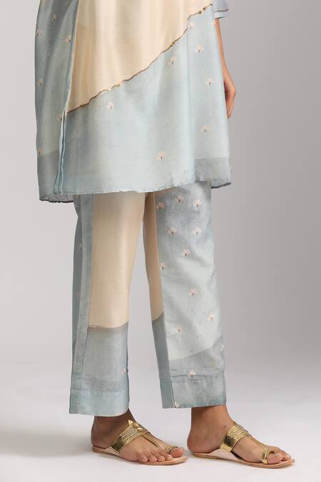 Shop_Trendy Tokari_Beige Silk, Chanderi Sequins, Embroidery V-neck Printed Kurta And Pant Set _Online_at_Aza_Fashions