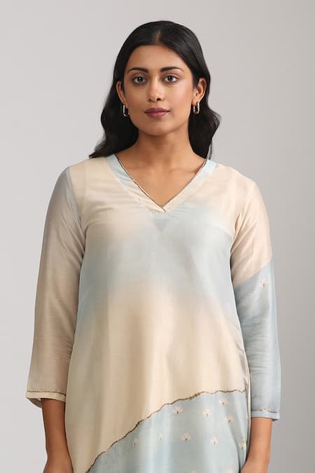 Trendy Tokari Beige Silk, Chanderi Sequins, Embroidery V-neck Printed Kurta And Pant Set at Aza Fashions Trendy Tokari_Beige Silk, Chanderi Sequins, Embroidery V-neck Printed Kurta And Pant Set _at_Aza_Fashions