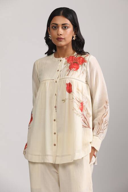 Buy_Trendy Tokari_Ivory Silk, Chanderi Embroidery Round Neck Floral Print Tunic And Pant Set _Online_at_Aza_Fashions