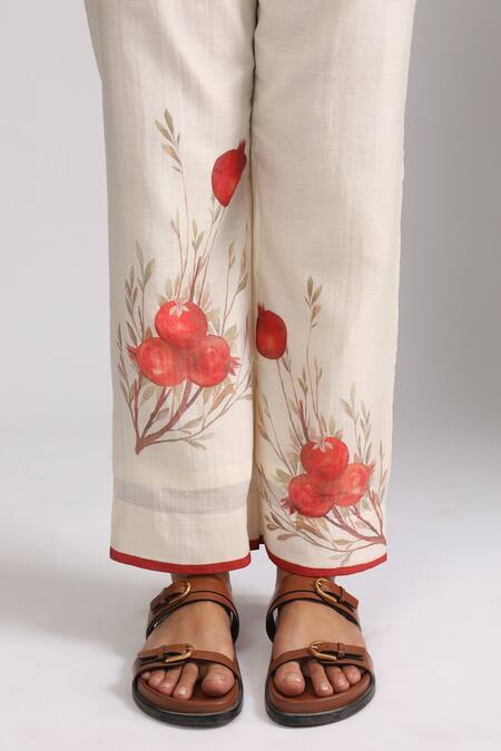Shop_Trendy Tokari_Ivory Silk, Chanderi Embroidery Round Neck Floral Print Tunic And Pant Set _Online_at_Aza_Fashions