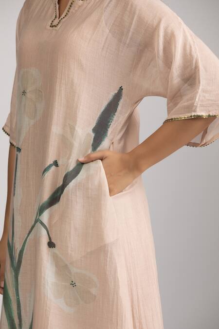 Buy Trendy Tokari Peach Silk, Chanderi Embroidery, Sequins Split Flower Printed Kurta And Pant Set Online at Aza Fashions Buy_Trendy Tokari_Peach Silk, Chanderi Embroidery, Sequins Split Flower Printed Kurta And Pant Set _Online_at_Aza_Fashions