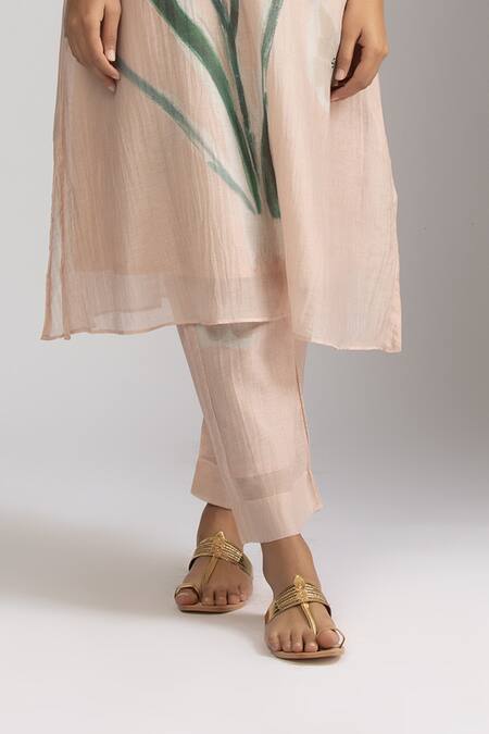 Shop Trendy Tokari Peach Silk, Chanderi Embroidery, Sequins Split Flower Printed Kurta And Pant Set Online at Aza Fashions Shop_Trendy Tokari_Peach Silk, Chanderi Embroidery, Sequins Split Flower Printed Kurta And Pant Set _Online_at_Aza_Fashions