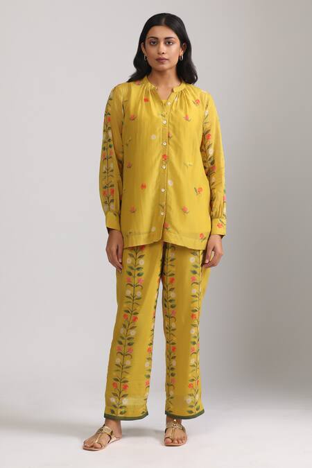 Trendy Tokari_Yellow Chanderi, Silk Mandarin Collar Florette Print Shirt And Pant Set _Online_at_Aza_Fashions