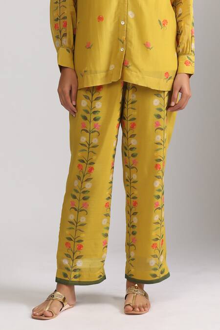Buy Trendy Tokari Yellow Chanderi, Silk Mandarin Collar Florette Print Shirt And Pant Set Online at Aza Fashions Buy_Trendy Tokari_Yellow Chanderi, Silk Mandarin Collar Florette Print Shirt And Pant Set _Online_at_Aza_Fashions