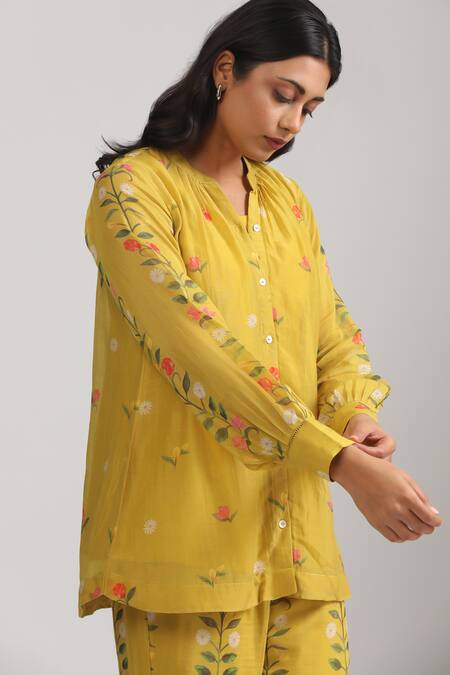 Shop_Trendy Tokari_Yellow Chanderi, Silk Mandarin Collar Florette Print Shirt And Pant Set _Online_at_Aza_Fashions