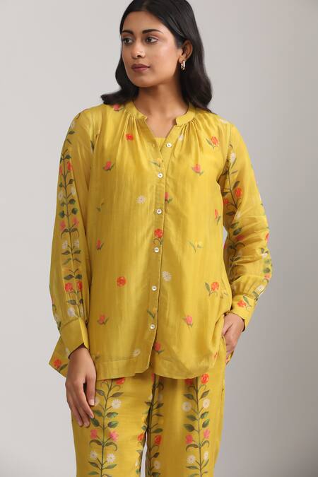 Trendy Tokari_Yellow Chanderi, Silk Mandarin Collar Florette Print Shirt And Pant Set _at_Aza_Fashions