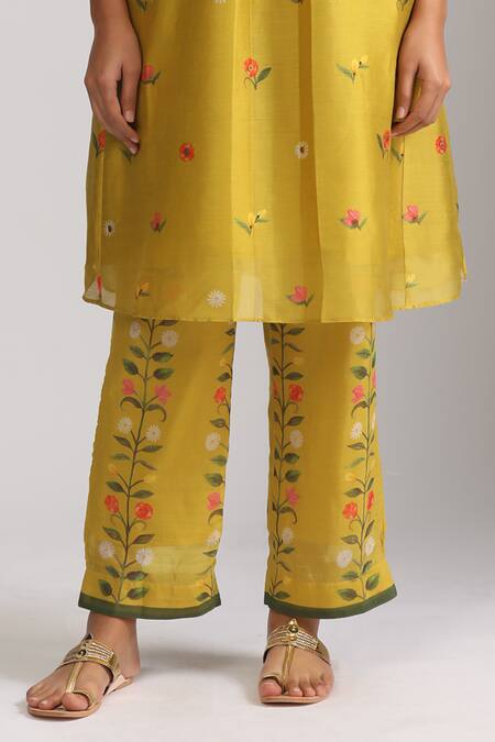 Shop Trendy Tokari Yellow Silk, Chanderi Embroidery, Sequins Round Florette Print Kurta And Pant Set Online at Aza Fashions Shop_Trendy Tokari_Yellow Silk, Chanderi Embroidery, Sequins Round Florette Print Kurta And Pant Set _Online_at_Aza_Fashions