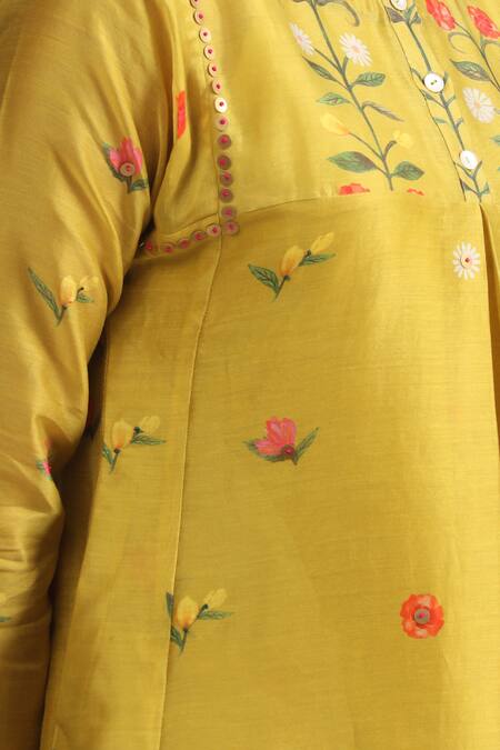 Trendy Tokari_Yellow Silk, Chanderi Embroidery, Sequins Round Florette Print Kurta And Pant Set _at_Aza_Fashions