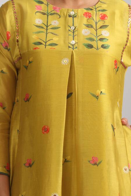 Buy_Trendy Tokari_Yellow Silk, Chanderi Embroidery, Sequins Round Florette Print Kurta And Pant Set 