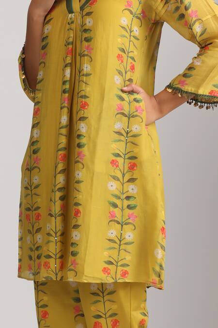 Shop_Trendy Tokari_Yellow Silk, Chanderi Sequins, Embroidery Floral Stripe Print Kurta And Pant Set _Online_at_Aza_Fashions
