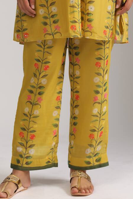 Trendy Tokari_Yellow Silk, Chanderi Sequins, Embroidery Floral Stripe Print Kurta And Pant Set _at_Aza_Fashions