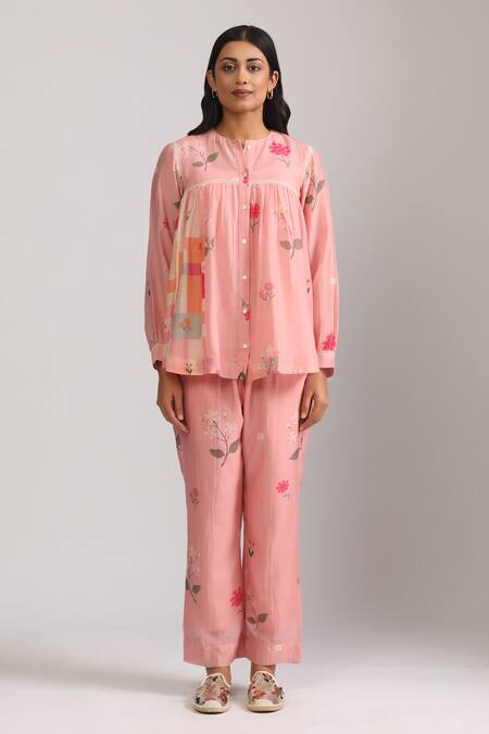 Trendy Tokari_Pink Silk, Chanderi Lace Round Neck Embellished Floral Peplum Top And Pant Set _Online_at_Aza_Fashions