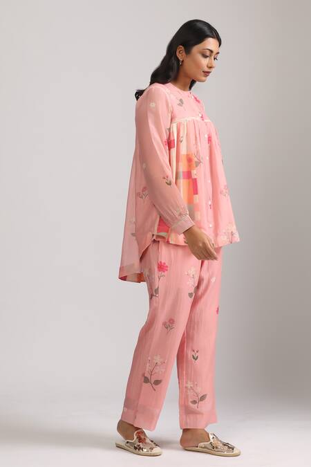 Buy_Trendy Tokari_Pink Silk, Chanderi Lace Round Neck Embellished Floral Peplum Top And Pant Set _Online_at_Aza_Fashions