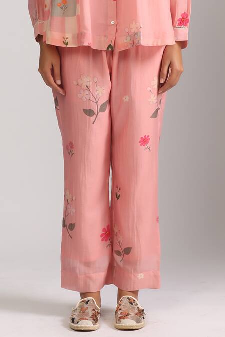 Shop Trendy Tokari Pink Silk, Chanderi Lace Round Neck Embellished Floral Peplum Top And Pant Set Online at Aza Fashions Shop_Trendy Tokari_Pink Silk, Chanderi Lace Round Neck Embellished Floral Peplum Top And Pant Set _Online_at_Aza_Fashions