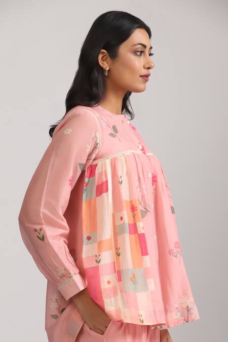 Trendy Tokari_Pink Silk, Chanderi Lace Round Neck Embellished Floral Peplum Top And Pant Set _at_Aza_Fashions