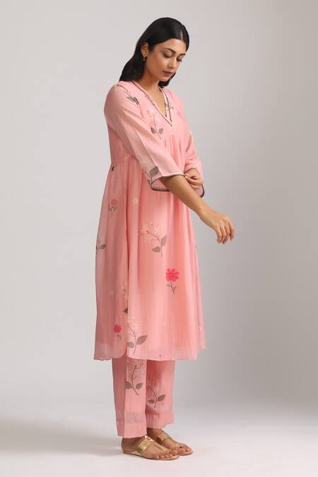 Buy_Trendy Tokari_Pink Silk, Chanderi Embroidery, Sequins V-neck Floral A-line Kurta Set _Online_at_Aza_Fashions