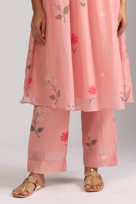 Trendy Tokari_Pink Silk, Chanderi Embroidery, Sequins V-neck Floral A-line Kurta Set _at_Aza_Fashions